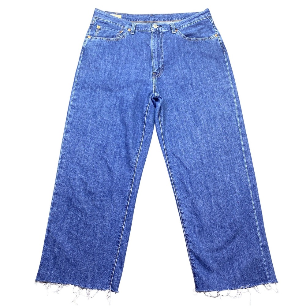 Levis Premium 568 Loose Fit Jeans Mens 34 Blue Cotton Linen Blend Raw Hem Cutoff